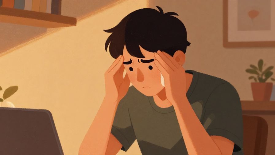 Illustration%20of%20a person rubbing their temples in exasperation, cozy indoor scene with warm lighting, illustrated style