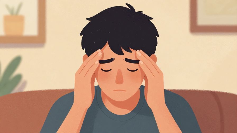 Illustration%20of%20a person rubbing their temples with a tired expression, casual room background, warm colors, illustrated style