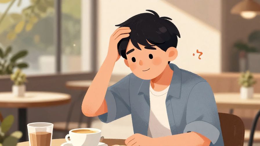 Illustration%20of%20a person scratching their head with a puzzled but friendly smile, outdoor café background with soft sunlight, illustrated style