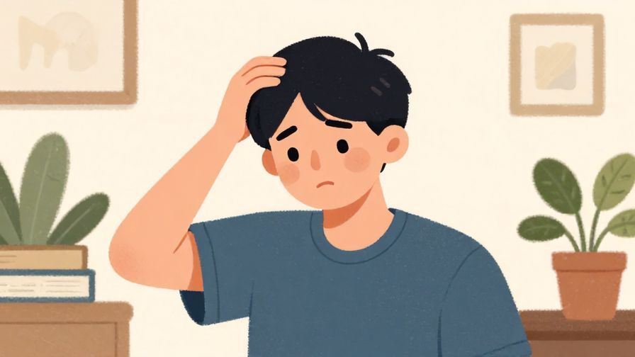 Illustration%20of%20a person scratching their head thoughtfully with a slight frown, indoor setting with books and plants, illustrated style