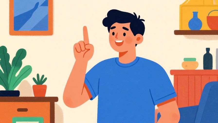 Illustration%20of%20a person shaking finger playfully while smiling, colorful home setting, illustrated style