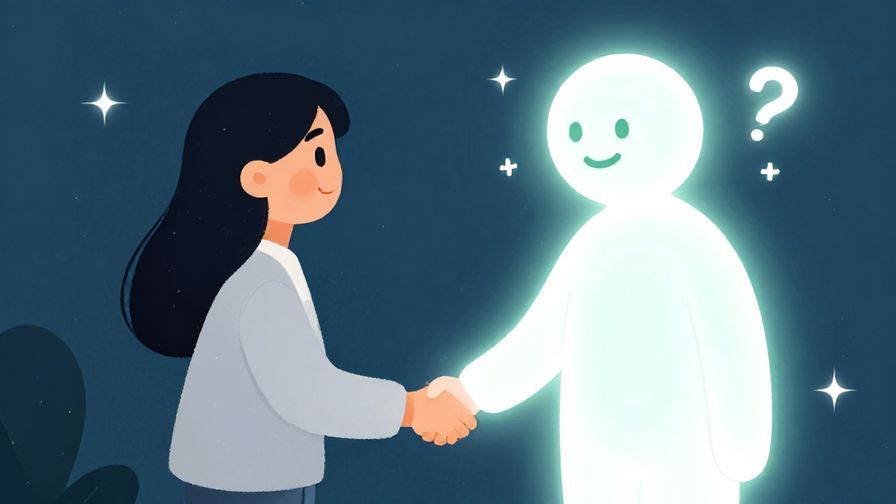 Illustration%20of%20a person shaking hands with a glowing figure representing luck, hopeful and inspiring scene, illustrated style