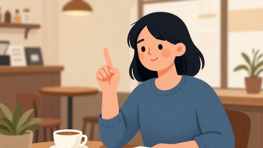 Illustration%20of%20a person shaking their finger with a playful smile, cozy café background, warm colors, illustrated style