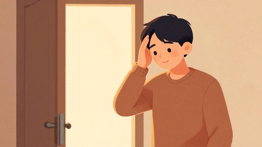 Illustration%20of%20a person shaking their head gently with a soft smile, standing in front of a locked door, warm indoor lighting