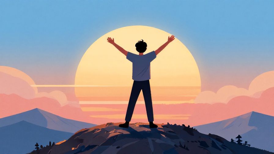 Illustration%20of%20a person shouting joyfully with arms wide open on a mountain summit, sunrise background, detailed background, vibrant colors, illustrated style