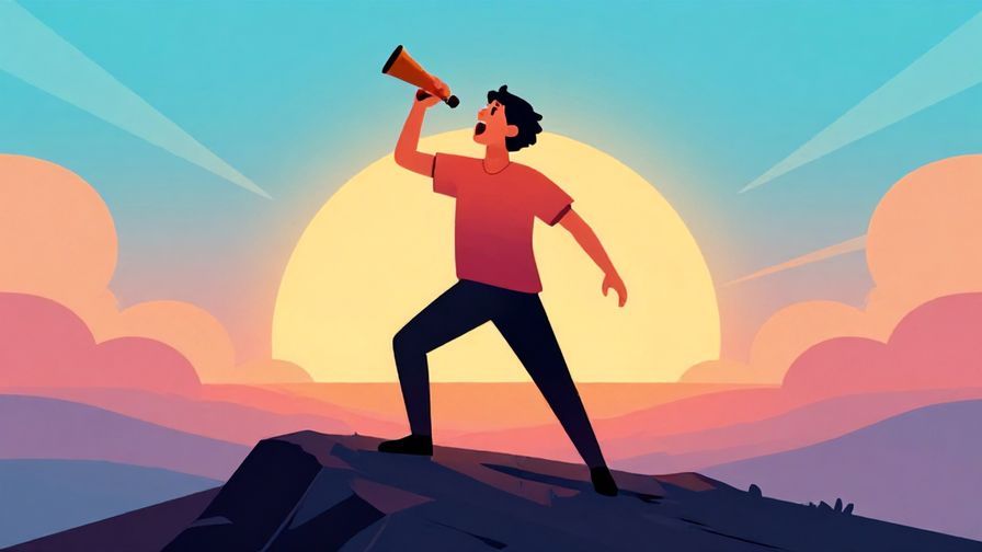 Illustration%20of%20a person shouting with passion on a mountaintop at sunrise, energetic pose, vibrant colors%2C%20illustrated%20style