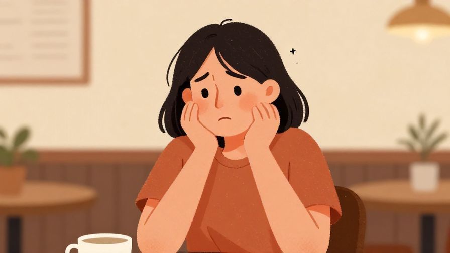 Illustration%20of%20a person shrugging apologetically with a small smile, cozy café background, warm colors, illustrated style