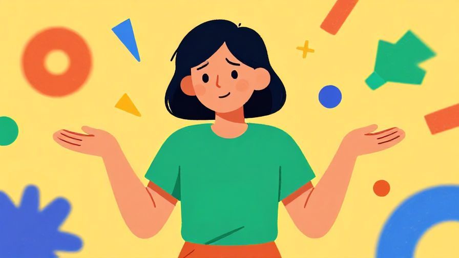 Illustration%20of%20a person shrugging with a playful smile surrounded by vague shapes representing unspecified items%2C%20vibrant%20colors%2C%20illustrated%20style