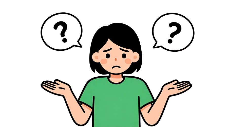 Illustration%20of%20a person shrugging with a puzzled face, speech bubbles with question marks floating around, bright and casual