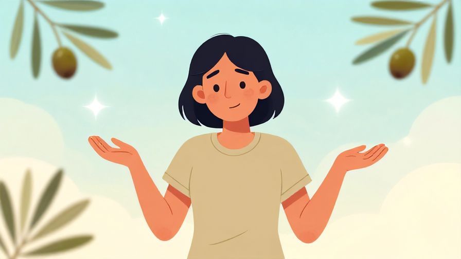 Illustration%20of%20a person shrugging with a relaxed smile, standing under a soft sunny sky with floating olive branches