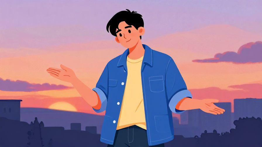 Illustration%20of%20a person shrugging with a slight smile and a sunset sky background, casual streetwear, vibrant colors, illustrated style