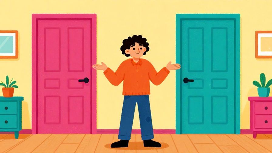 Illustration%20of%20a person shrugging with a smile, two identical doors behind them, colorful room, vibrant colors, illustrated style