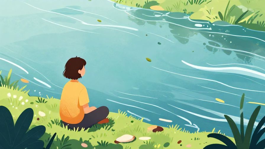 Illustration%20of%20a person sitting calmly by a riverside with floating leaves and gentle waves, peaceful and serene atmosphere, vibrant colors, illustrated style