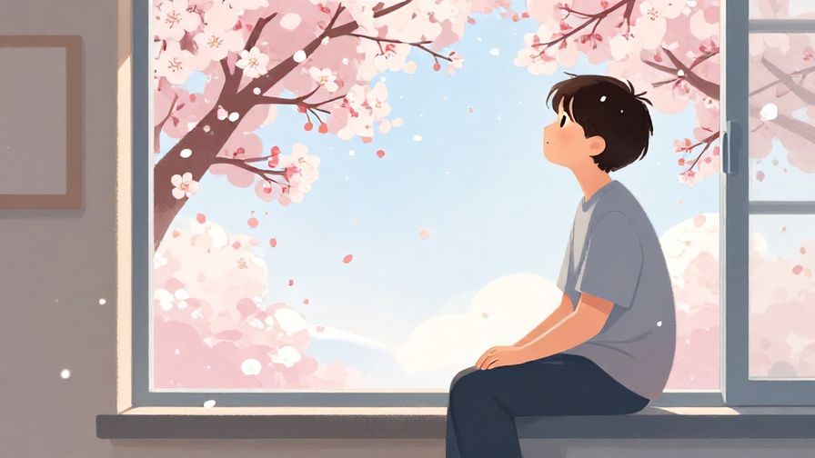 Illustration%20of%20a person sitting calmly by a window, watching cherry blossoms fall, peaceful and accepting expression, detailed background, vibrant colors, illustrated style