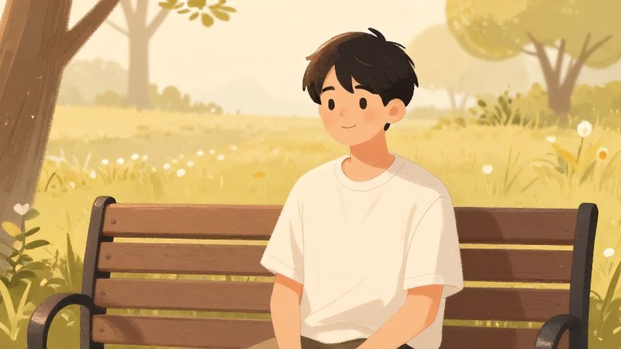 Illustration%20of%20a person sitting on a bench smiling softly with a casual outdoor background, warm tones, illustrated style