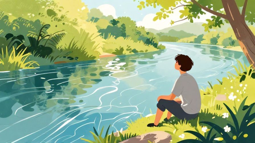 Illustration%20of%20a person sitting peacefully by a riverbank, watching flowing water and soft sunlight, vibrant colors, illustrated style