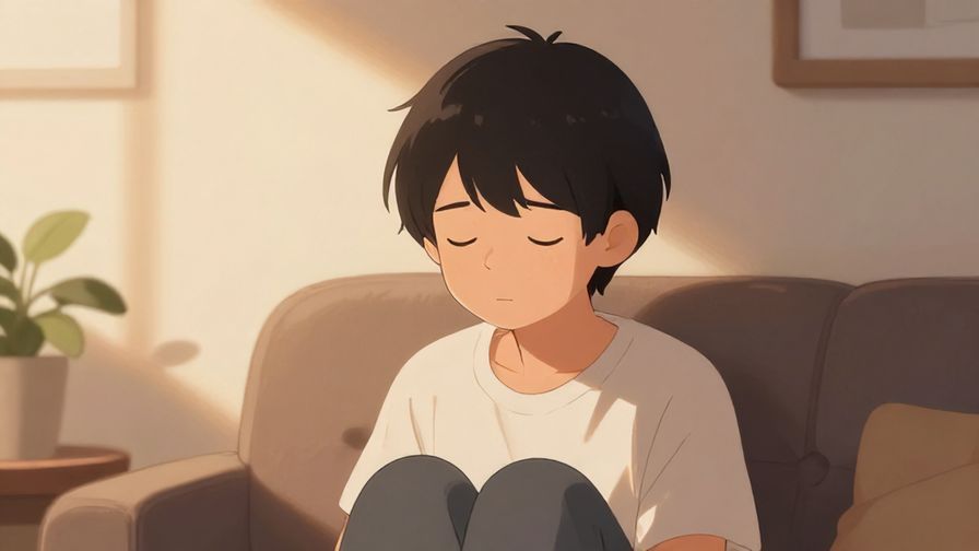 Illustration%20of%20a person sitting quietly with closed eyes, calm but determined expression, soft indoor lighting, cozy atmosphere, illustrated style