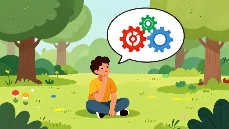 Illustration%20of%20a person sitting thoughtfully with a speech bubble showing gears turning, peaceful park background, vibrant colors, illustrated style