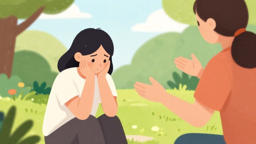 Illustration%20of%20a person sitting with a sad posture and another person encouraging with open arms, bright garden background
