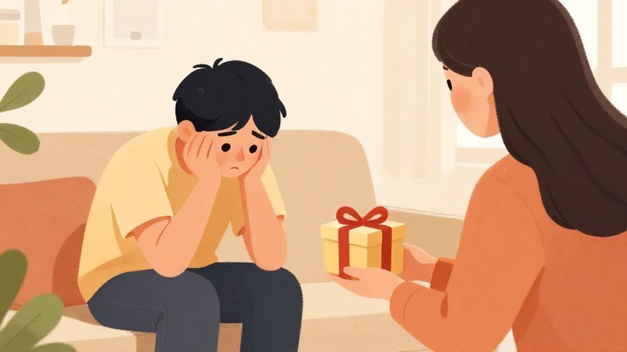 Illustration%20of%20a person slumping with a sad expression, and a friend handing over a small gift, bright cozy room