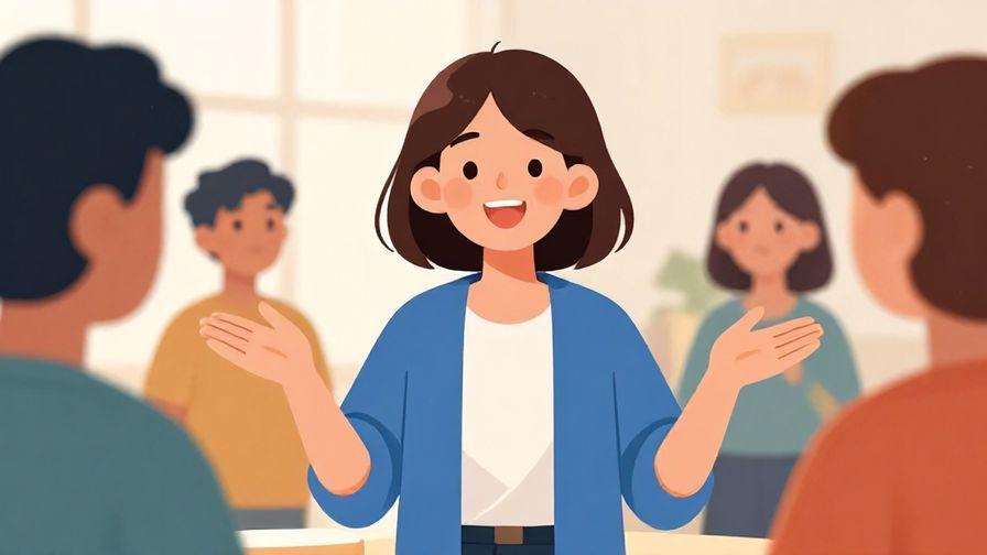 Illustration%20of%20a person smiling and gesturing warmly%2c casual gathering background%2c bright colors%2c illustrated style