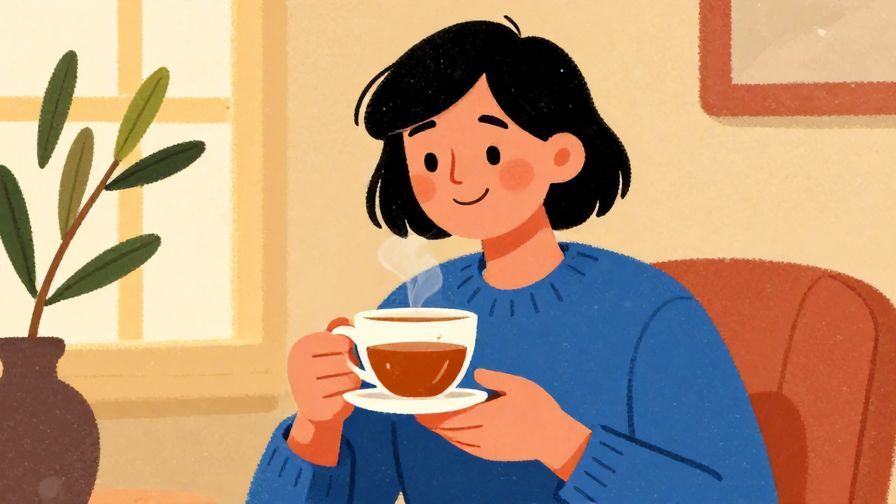 Illustration%20of%20a person smiling and holding a cup of tea in a cozy room with warm light and olive branches, vibrant colors, illustrated style