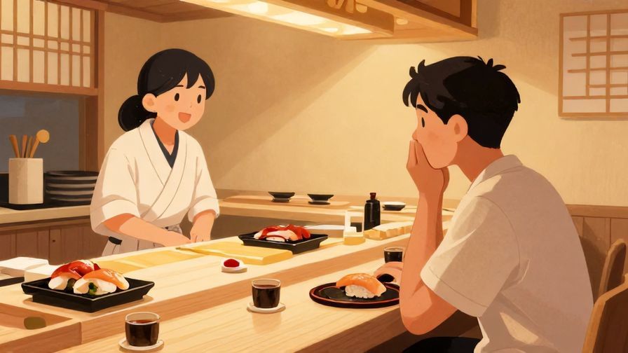 Illustration%20of%20a person smiling and nodding in trust%2C sushi restaurant counter%2C warm lighting%2C illustrated style