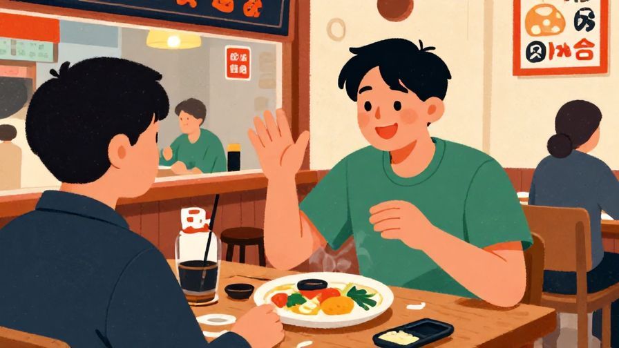 Illustration%20of%20a person smiling and ordering food casually with a friendly gesture in a lively izakaya, vibrant colors, illustrated style
