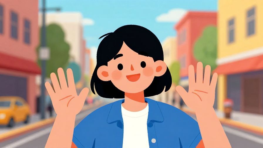 Illustration%20of%20a person smiling and waving hands as if saying “whatever,” colorful city street background, illustrated style