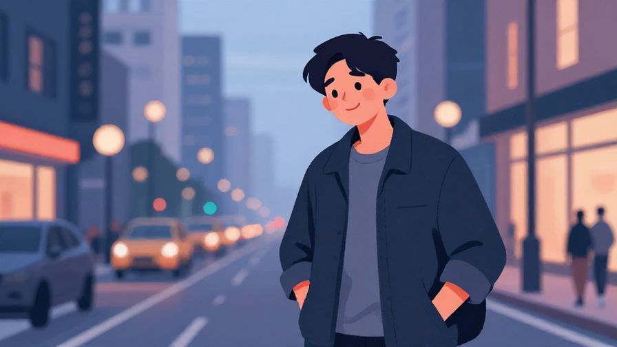 Illustration%20of%20a person smiling apologetically, hands in pockets, urban street background, twilight colors, illustrated style