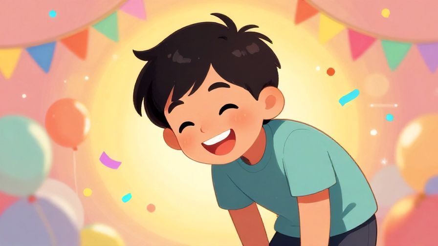 Illustration%20of%20a person smiling brightly and bowing slightly with exaggerated cheerful energy, colorful festive background