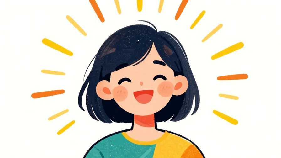 Illustration%20of%20a person smiling brightly with sun rays shining around their head, colorful and uplifting illustrated style