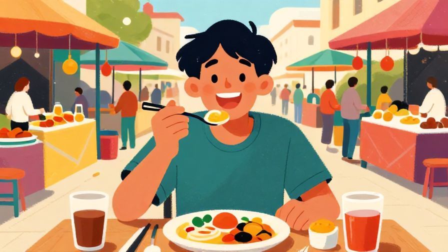 Illustration%20of%20a person smiling broadly while savoring a delicious meal at a vibrant outdoor market, colorful stalls in background, vibrant colors, illustrated style