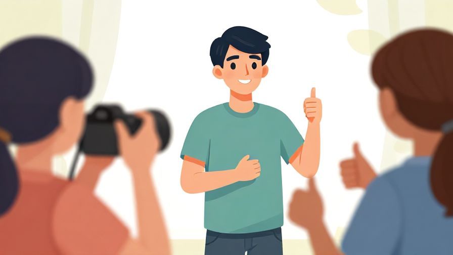 Illustration%20of%20a person smiling confidently as a photographer encourages with a thumbs-up, bright and encouraging atmosphere
