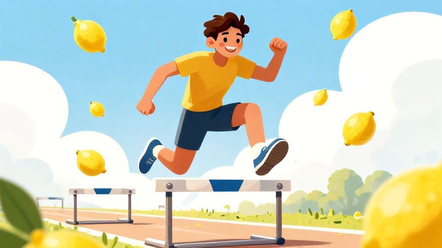 Illustration%20of%20a person smiling confidently while stepping over hurdles with lemons scattered around, bright daylight and hopeful expression, vibrant colors, illustrated style