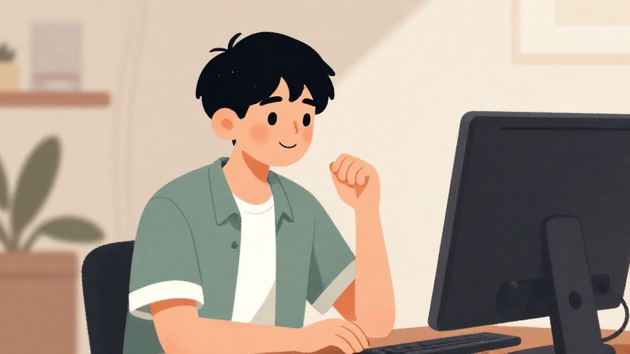 Illustration%20of%20a person smiling confidently%20while looking at%20a computer%20screen%20in%20a%20cozy%20room%2C%20soft%20lighting%2C%20casual%20style