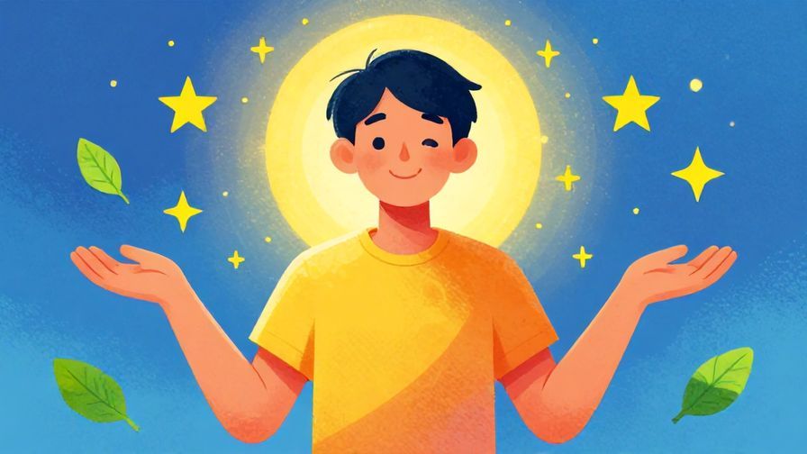 Illustration%20of%20a person smiling faintly with arms open, surrounded by stars and floating leaves symbolizing acceptance, vibrant colors, illustrated style