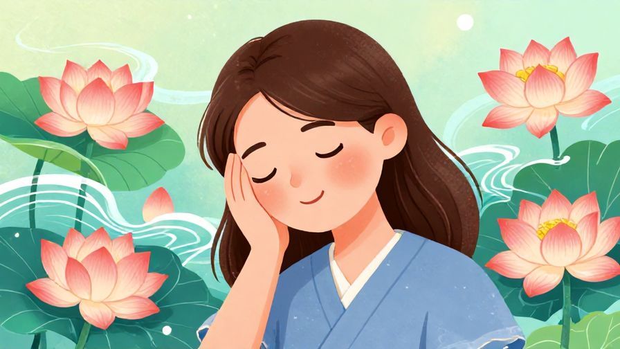 Illustration%20of%20a person smiling gently, shaking their head softly, background with lotus flowers and gentle waves, vibrant colors, illustrated style