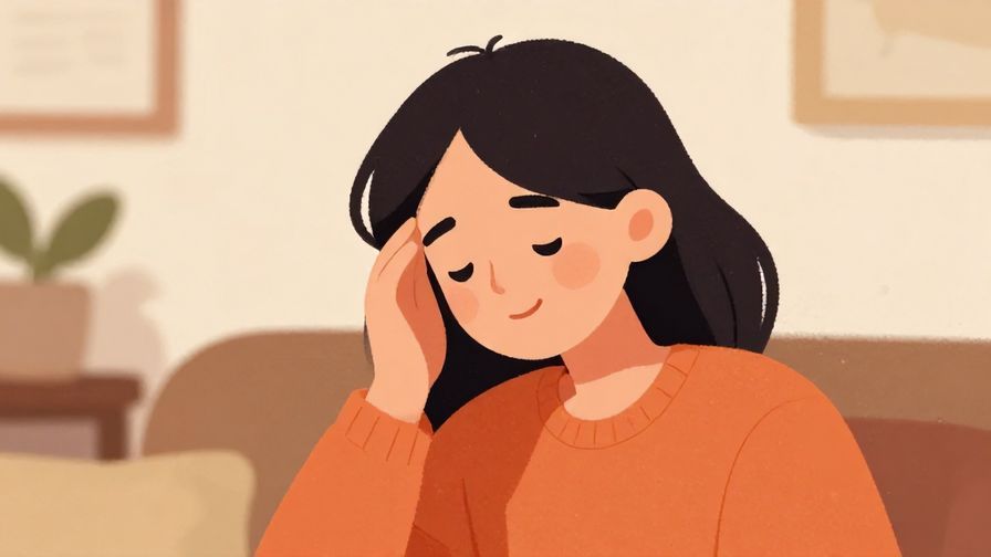 Illustration%20of%20a person smiling gently while shaking their head softly, cozy setting with warm colors