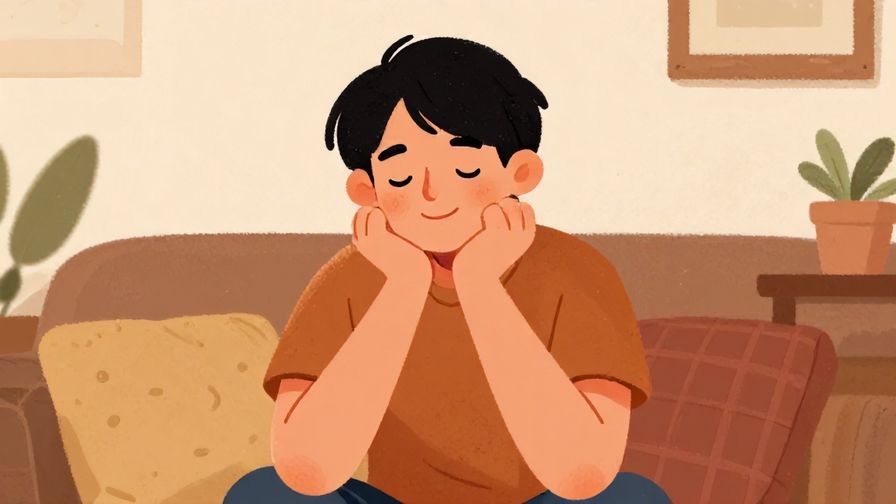 Illustration%20of%20a person smiling gently with a relaxed posture in a cozy home setting, warm colors, illustrated style