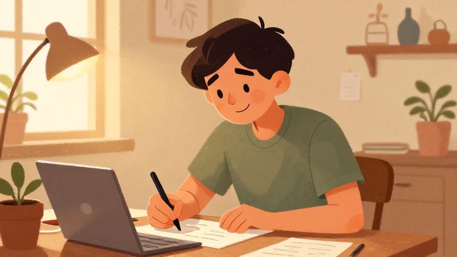Illustration%20of%20a person smiling mischievously while jotting down notes%20or remembering something%2C cozy indoor setting%2C warm tones%2C illustrated style