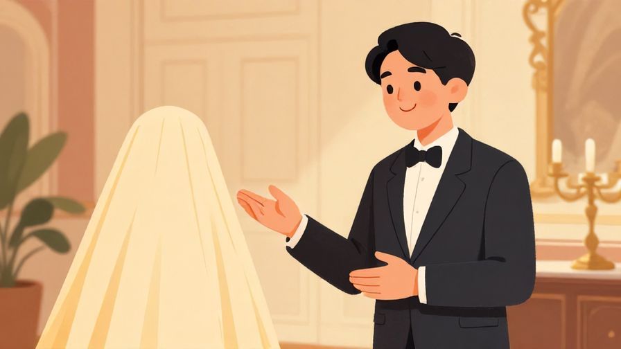 Illustration%20of%20a person smiling politely and gesturing towards a covered object, elegant indoor setting, warm colors, illustrated style