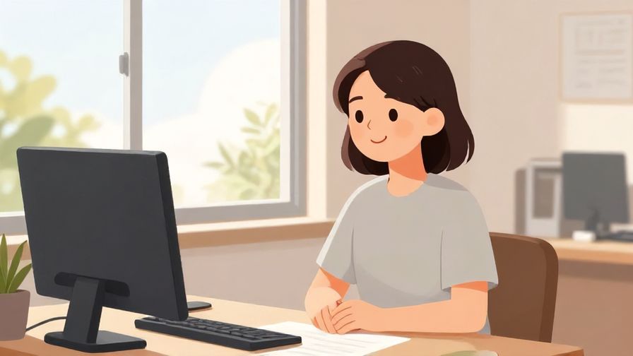 Illustration%20of%20a person smiling politely, sitting at a desk with soft natural light, a window showing a sunny day