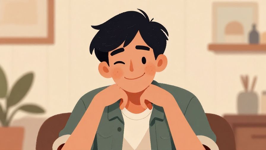 Illustration%20of%20a person smiling slyly with a shrug, casual room background, warm colors, illustrated style