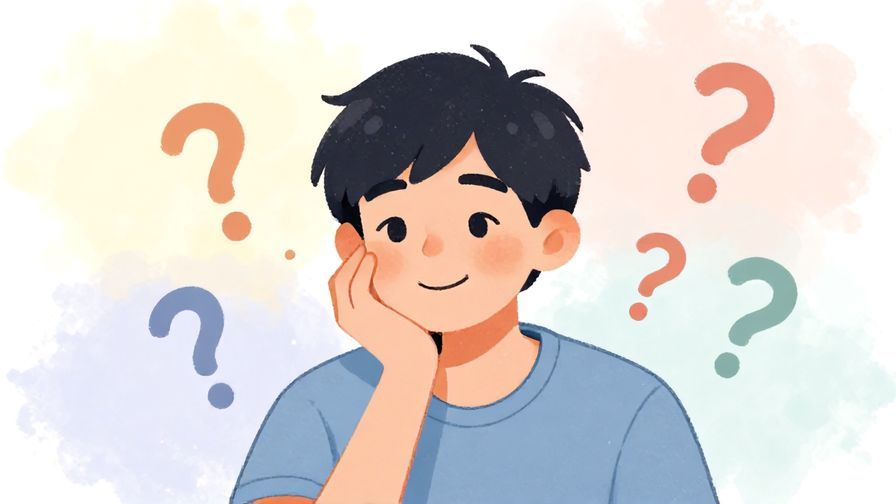Illustration%20of%20a person smiling softly while thinking, surrounded by soft pastel colors and floating question marks, illustrated style