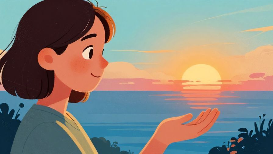 Illustration%20of%20a person smiling softly while gesturing gently to the horizon, detailed background, vibrant colors, illustrated style