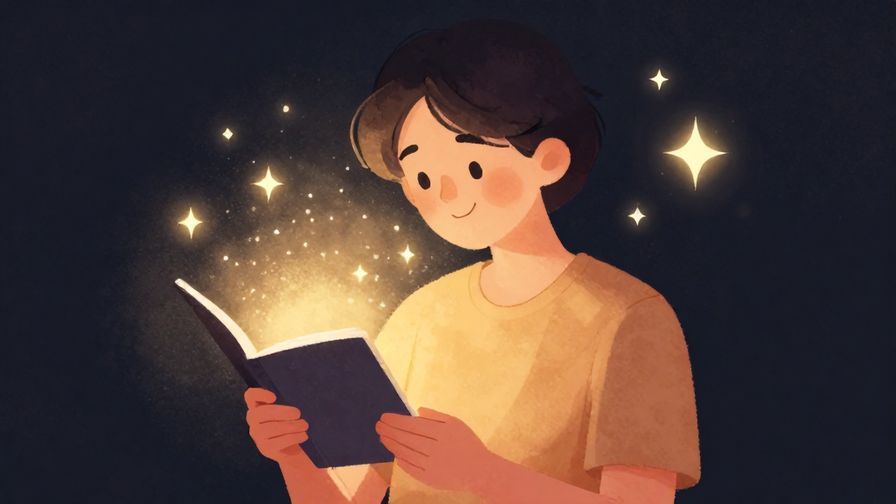 Illustration%20of%20a person smiling softly while holding a photo, surrounded by floating stars and soft light, warm color palette, illustrated style