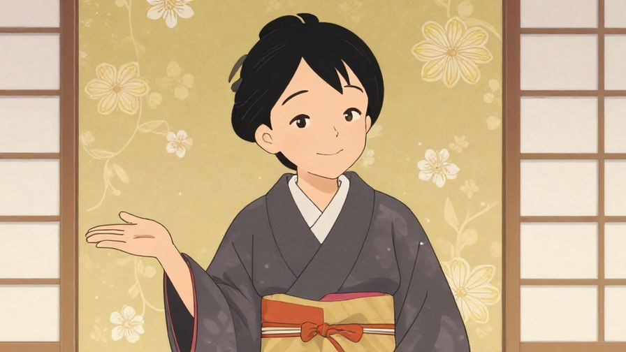 Illustration%20of%20a person smiling warmly and gesturing with an open hand in a traditional Japanese room, soft floral background, illustrated style