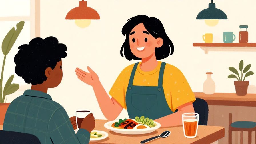 Illustration%20of%20a person smiling warmly and ordering food with a friendly tone in a casual cafe, vibrant colors, illustrated style