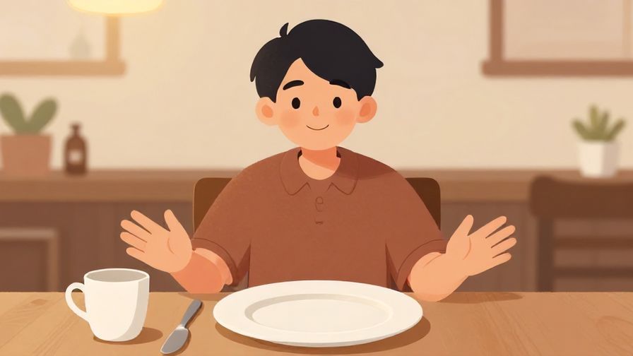 Illustration%20of%20a person smiling warmly while gesturing toward an empty plate, set in a cozy dining room with gentle lighting.